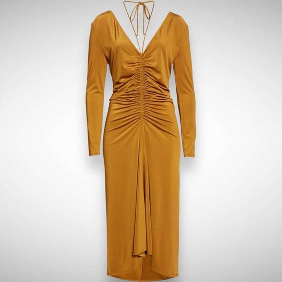 Veronica Beard Gilbert Antique Gold Jersey Long Sleeve Ruched Midi Dress Size 00 - Picture 10 of 10